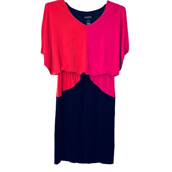 ENFOCUS STUDIO MIDI BLOUSON DRESS, WOMENS, 8, NAVY BLUE ORANGE PINK, TIE WAIST - Picture 1 of 8